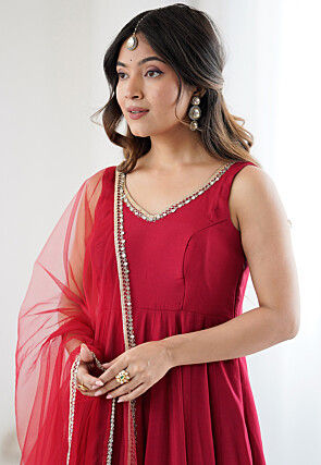 Lace Border Art Silk A Line Suit in Maroon