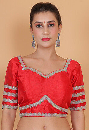 Lace Border Art Silk Blouse in Red