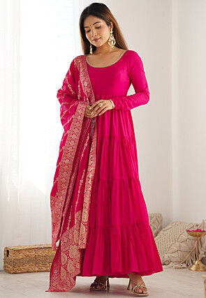 Lace Border Chanderi Silk Abaya Style Suit in Fuchsia