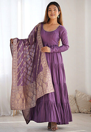 Lace Border Chanderi Silk Abaya Style Suit in Purple