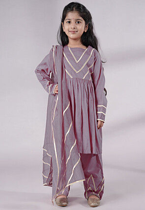 Lace Border Cotton A Line Suit in Grey