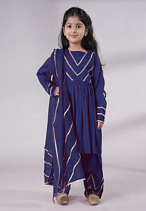 Lace Border Cotton A Line Suit in Navy Blue