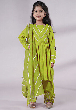 Lace Border Cotton A Line Suit in Olive Green