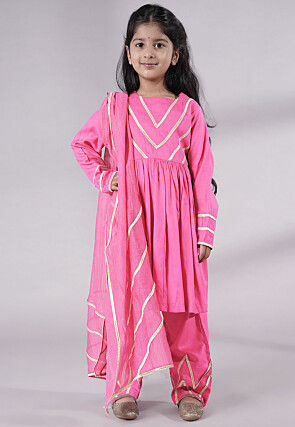 Lace Border Cotton A Line Suit in Pink