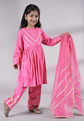 Lace Border Cotton A Line Suit in Pink