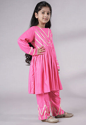 Lace Border Cotton A Line Suit in Pink