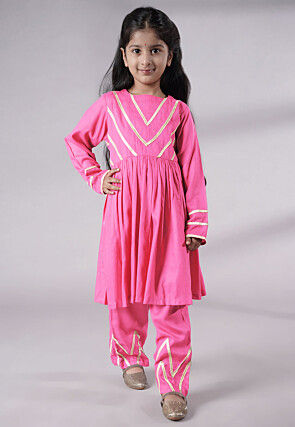 Lace Border Cotton A Line Suit in Pink