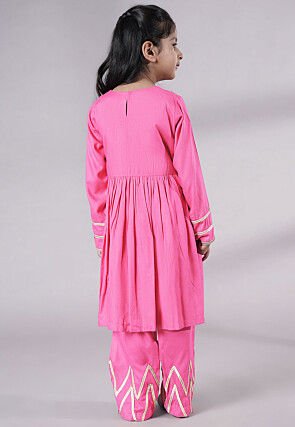 Lace Border Cotton A Line Suit in Pink