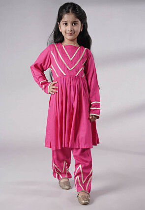 Lace Border Cotton A Line Suit in Pink