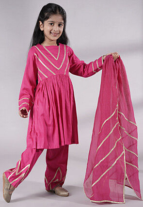 Lace Border Cotton A Line Suit in Pink