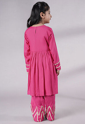 Lace Border Cotton A Line Suit in Pink