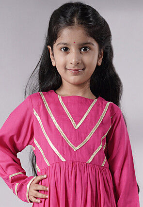 Lace Border Cotton A Line Suit in Pink