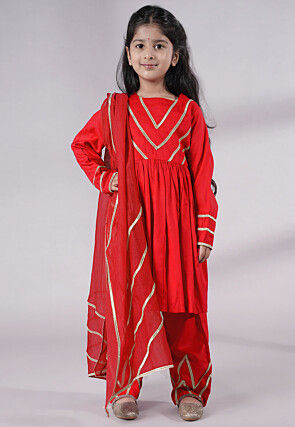 Lace Border Cotton A Line Suit in Red