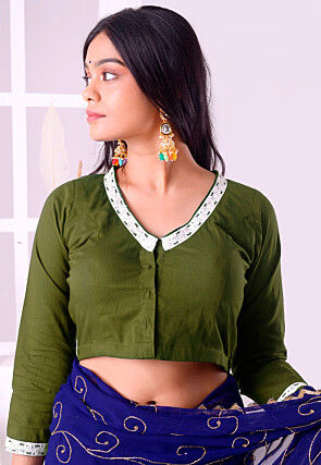 Lace Border Cotton Blouse in Olive Green