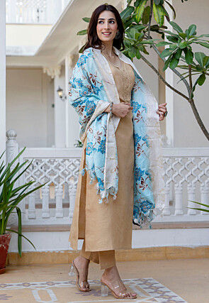 Lace Border Cotton Pakistani Suit in Beige