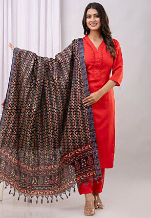Lace Border Cotton Pakistani Suit in Red