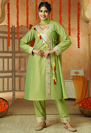 Lace Border Cotton Silk A Line Suit in Light Green