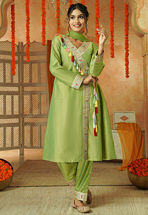 Lace Border Cotton Silk A Line Suit in Light Green