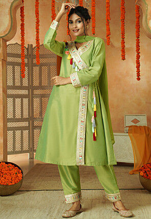 Lace Border Cotton Silk A Line Suit in Light Green