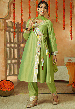 Lace Border Cotton Silk A Line Suit in Light Green