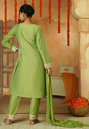 Lace Border Cotton Silk A Line Suit in Light Green