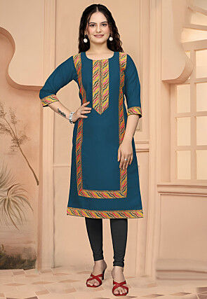 Lace Border Cotton Straight Kurta in Blue