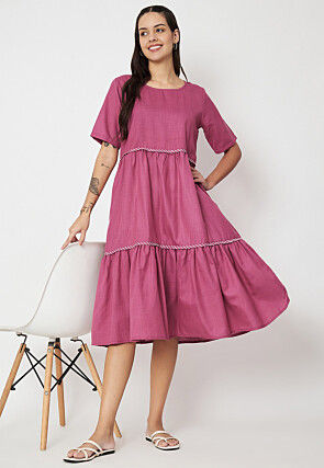 Lace Border Cotton Tiered Dress in Pink