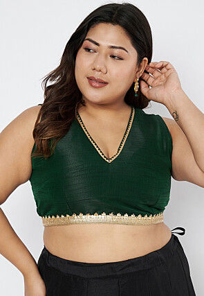 Lace Border Dupion Silk Blouse in Dark Green