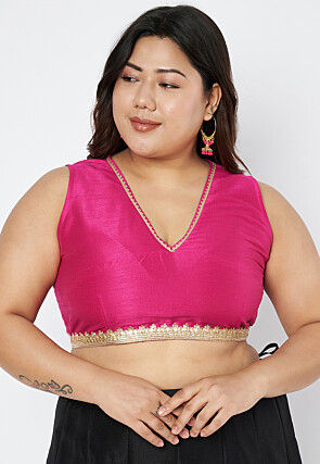 Lace Border Dupion Silk Blouse in Fuchsia