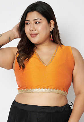 Lace Border Dupion Silk Blouse in Orange