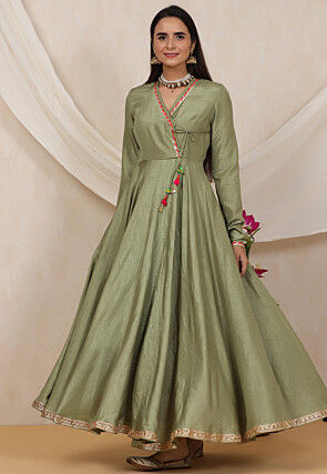 Lace Border Dupion Silk Long Kurta in Dusty Green