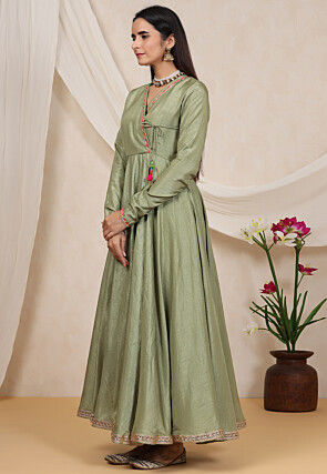 Lace Border Dupion Silk Long Kurta in Dusty Green