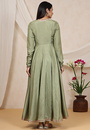 Lace Border Dupion Silk Long Kurta in Dusty Green