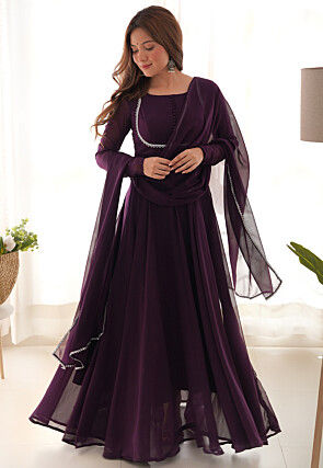 Lace Border Georgette Abaya Style Suit in Wine