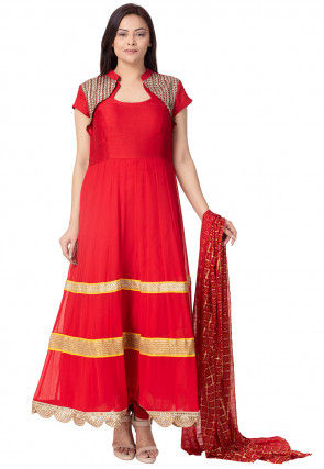 Lace Border Georgette Anarkali Suit in Red