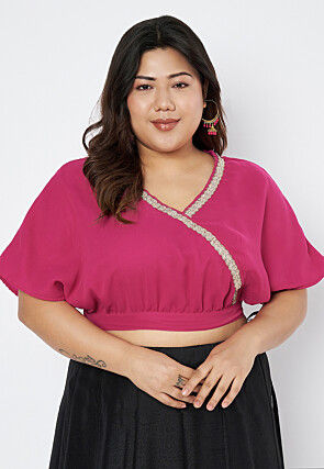 Lace Border Georgette Blouse in Fuchsia