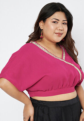 Lace Border Georgette Blouse in Fuchsia