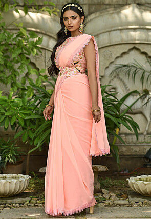 Lace Border Georgette Saree in Peach
