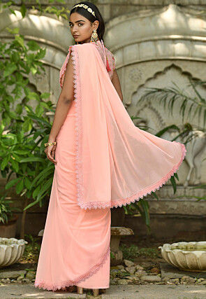 Lace Border Georgette Saree in Peach