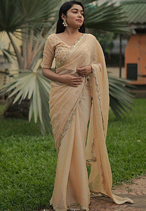 Classy Cream Pre-Stitched Blended Silk Saree - Clothsvilla