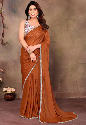 Lace Border Georgette Shimmer Saree in Brown