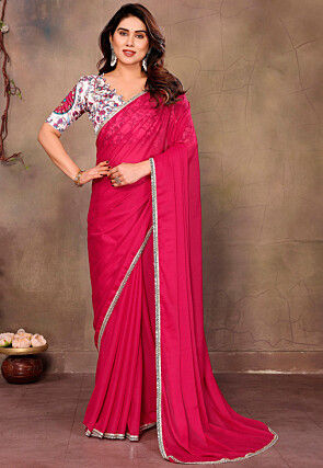 Lace Border Georgette Shimmer Saree in Fuchsia