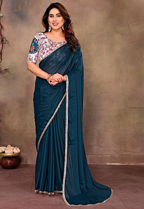 Lace Border Georgette Shimmer Saree in Teal Blue