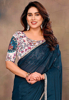 Lace Border Georgette Shimmer Saree in Teal Blue