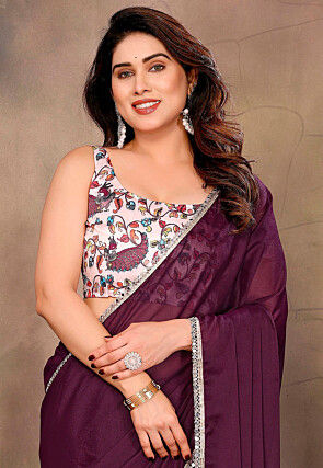 Lace Border Georgette Shimmer Saree in Violet