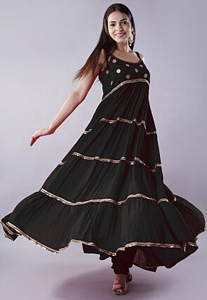 Lace Border Muslin Silk Tiered Abaya Style Suit in Black