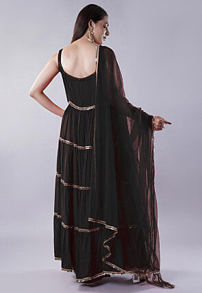 Lace Border Muslin Silk Tiered Abaya Style Suit in Black