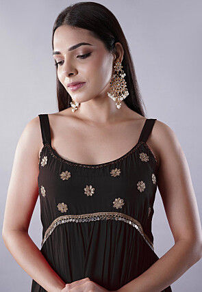 Lace Border Muslin Silk Tiered Abaya Style Suit in Black