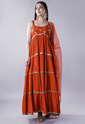 Lace Border Muslin Silk Tiered Abaya Style Suit in Dark Orange