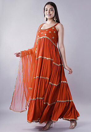 Lace Border Muslin Silk Tiered Abaya Style Suit in Dark Orange